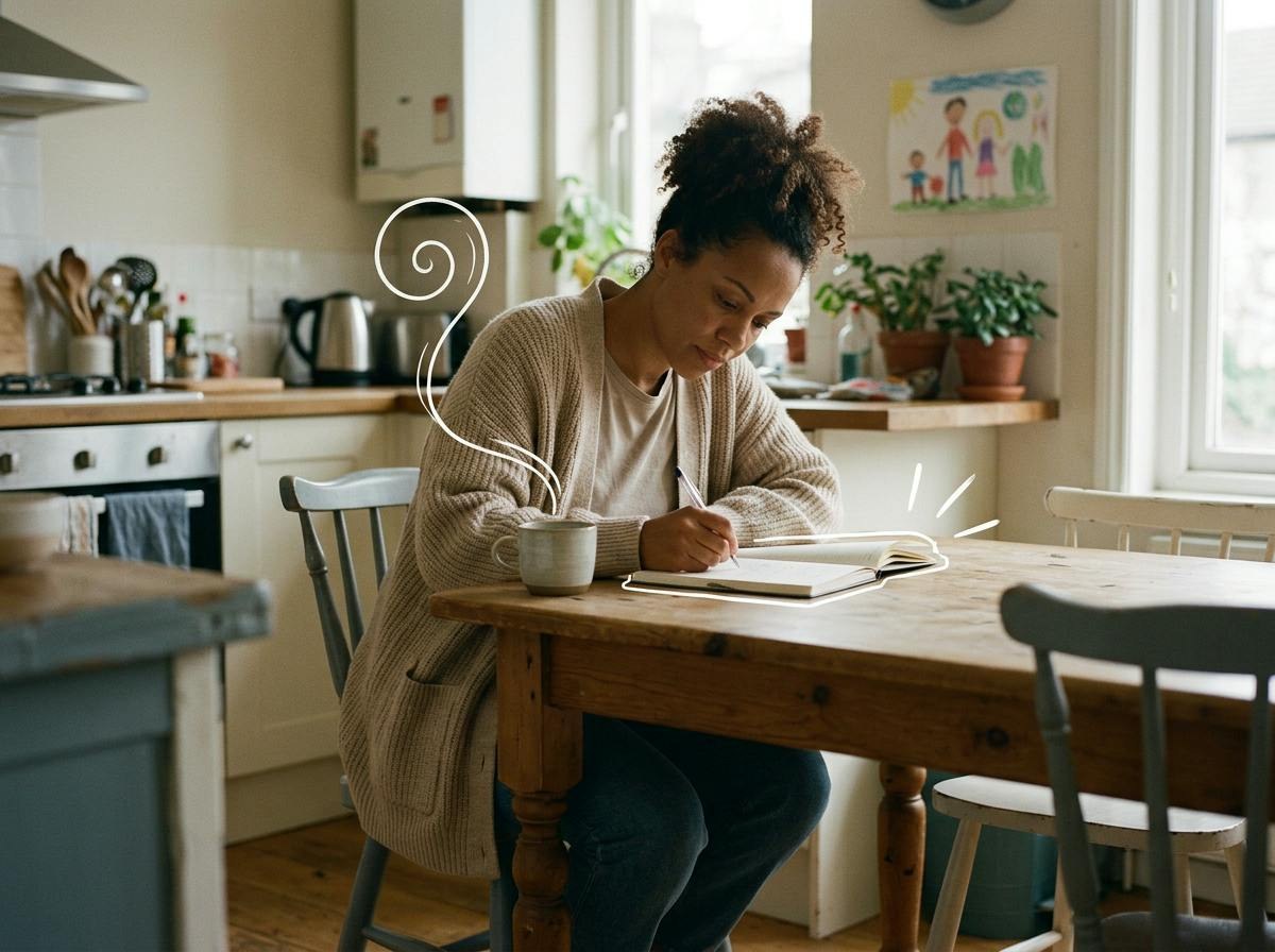 A mother writing in the journal at the kitchen table