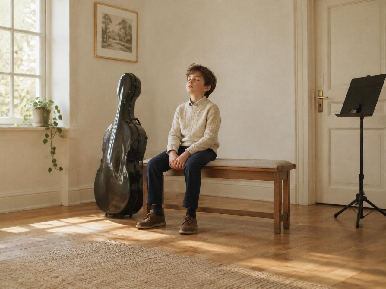 A boy taking a deep breath beside his cello case